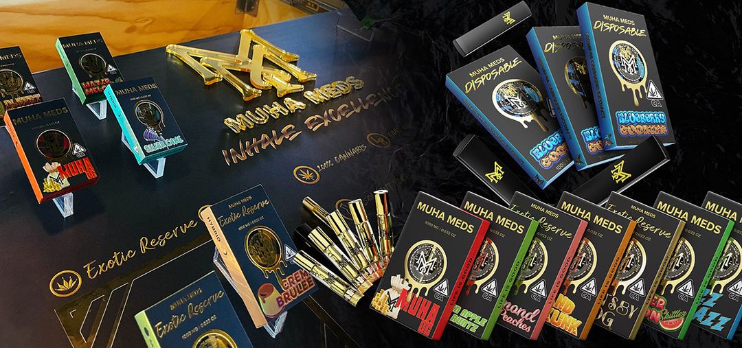 Muha Meds product display featuring disposables, cartridges, and exotic reserve collection